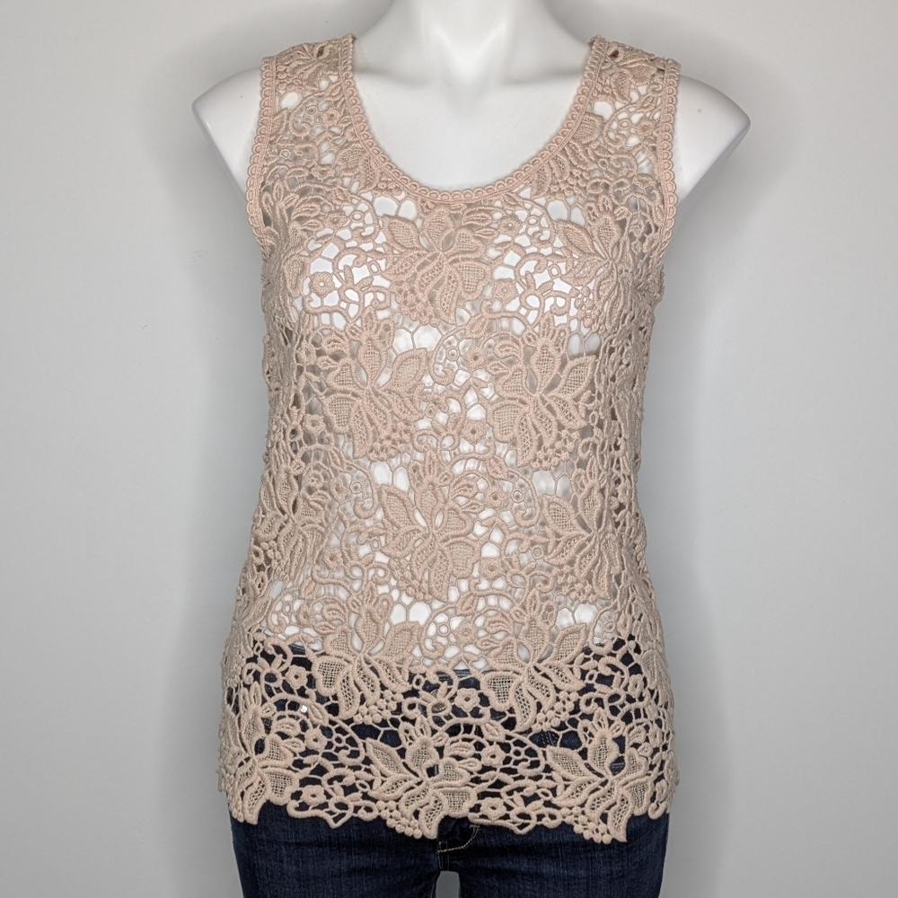 Loft Tan Cream Floral Lace Tank Top Blouse XS